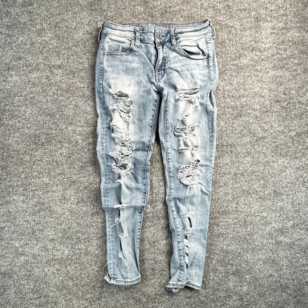 American Eagle Jegging Womens 6 Super Stretch Light Wash Distressed Ripped Jeans